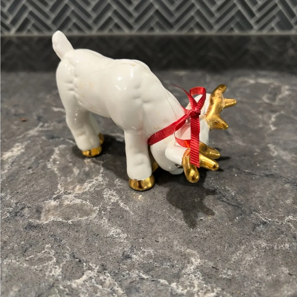 ❗️Winter/ Christmas/ Holiday White and Gold Ceramic Baby Reindeer Figurine